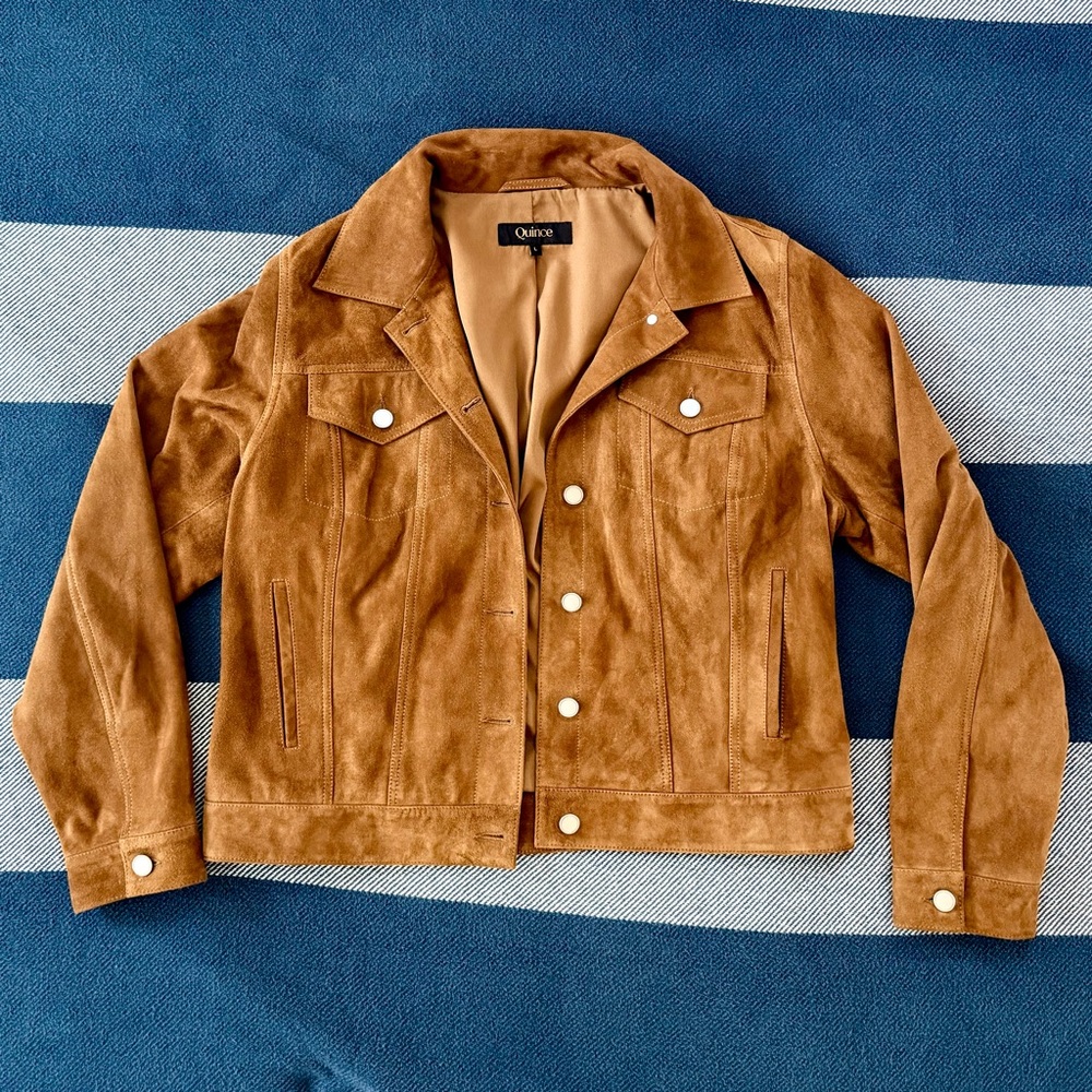 Quince Suede Trucker Jacket in Cognac Brown